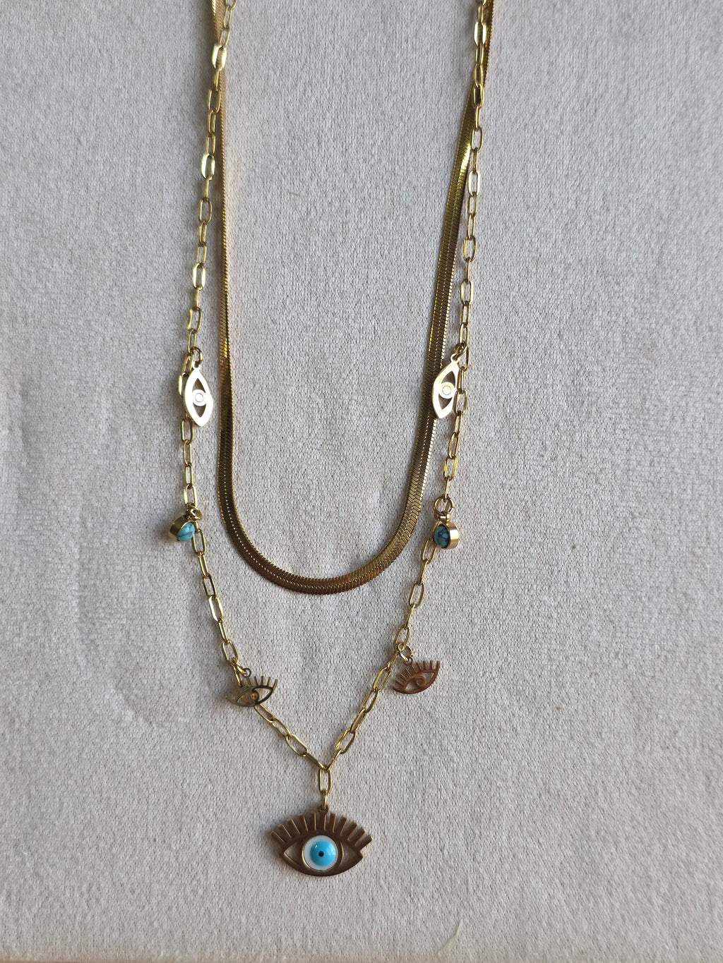 Collier Acier Inoxydable Double Chaîne Pendentif Œil Bleu