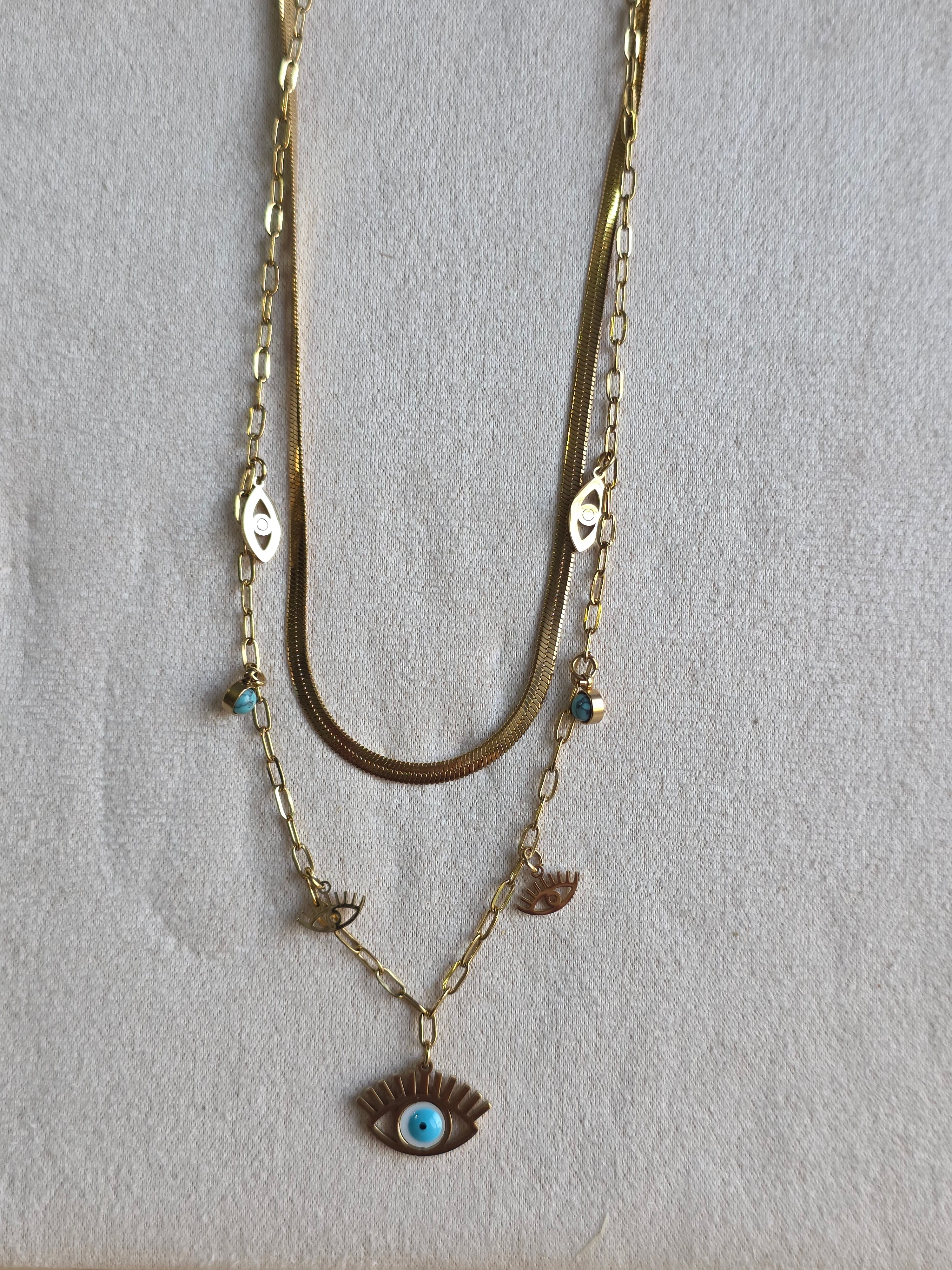 Collier Acier Inoxydable Double Chaîne Pendentif Œil Bleu