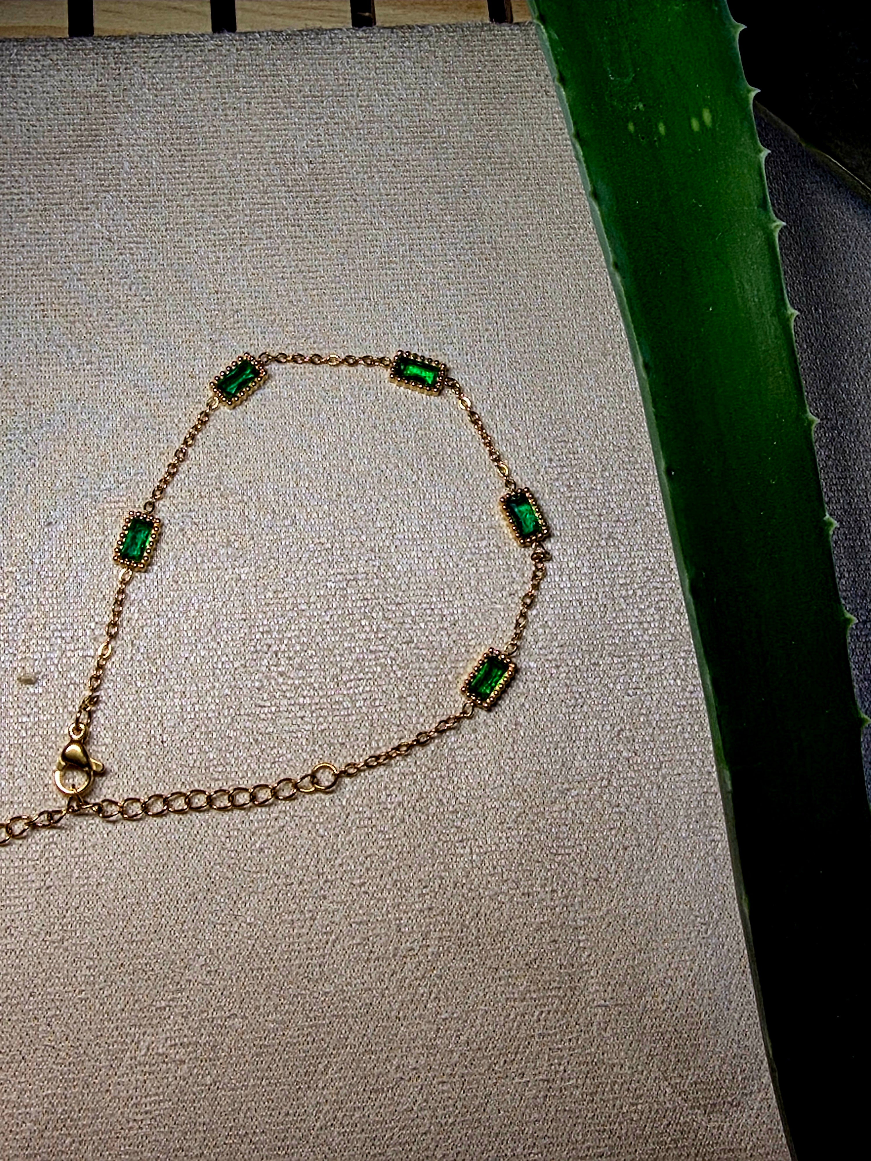 Bracelet Acier Inoxydable Chaîne 5 Pierres Vertes Émeraude