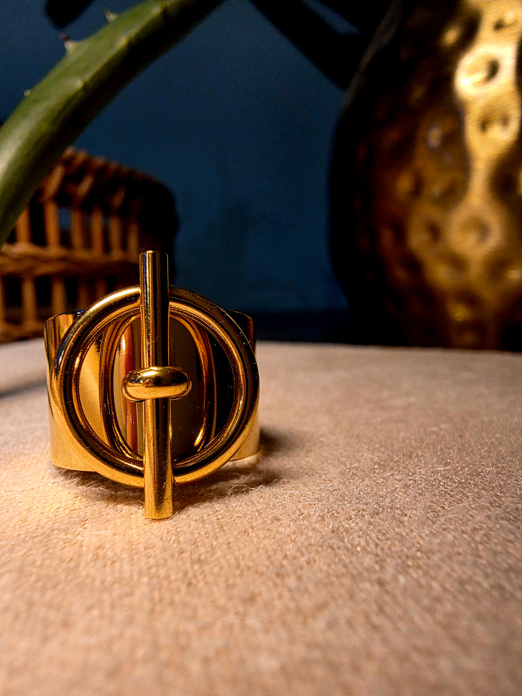 Bague Acier Inoxydable Dorée Cercles  Barre Verticale Ajustable