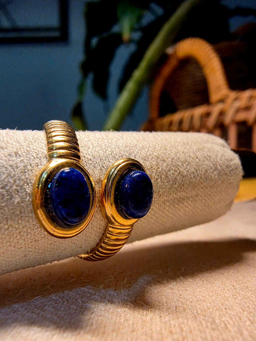 Bague Acier Inoxydable Dorée Spirale Double Pierres Bleues Lapis-Lazuli Ajustable
