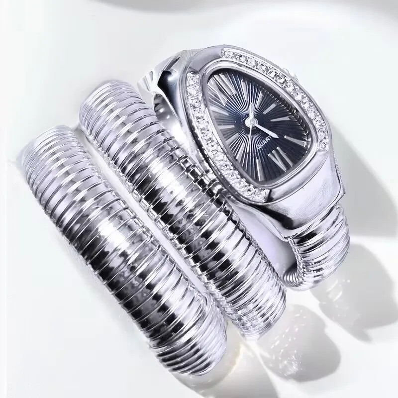 Montre-Bracelet Acier Inoxydable Argentée Serpent Flexible Cadran Ovale Strass