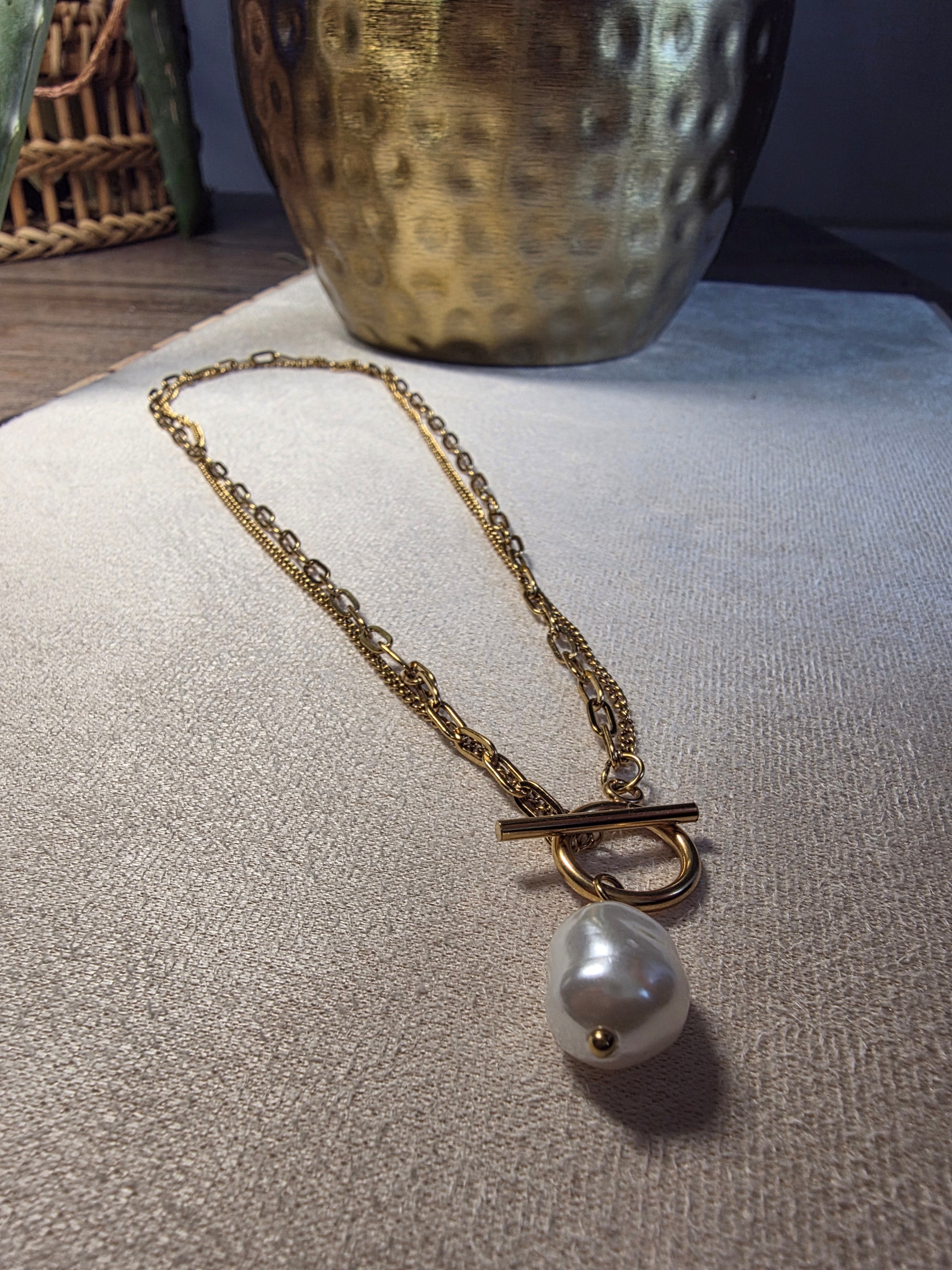 Collier Acier Inoxydable Chaîne Fermoir Toggle Perle Nacrée