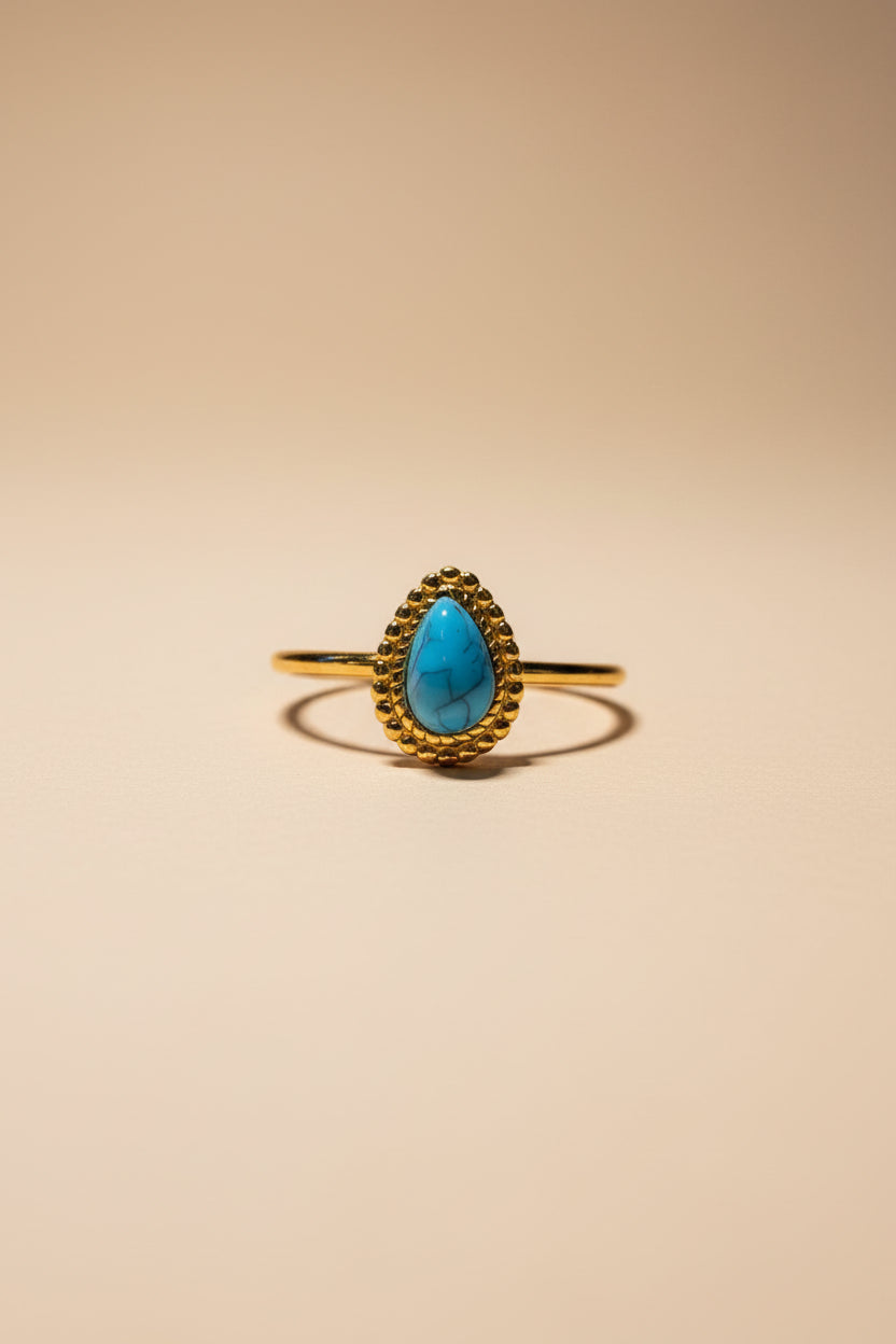 Bague Acier Inoxydable Dorée Pierre Turquoise Goutte Contour Perlé Ajustable