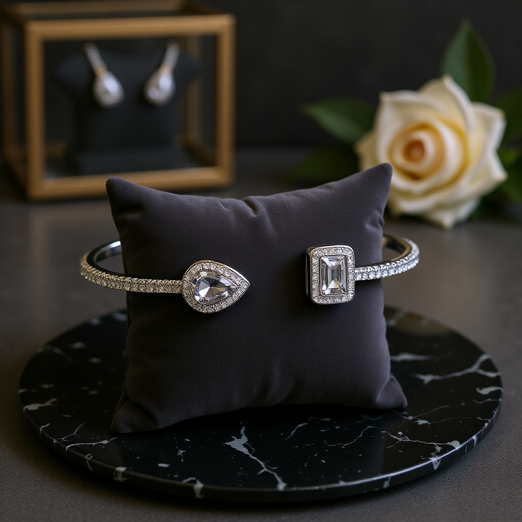 Jonc Acier Inoxydable Ouvert Pierres Diamant Goutte Rectangle