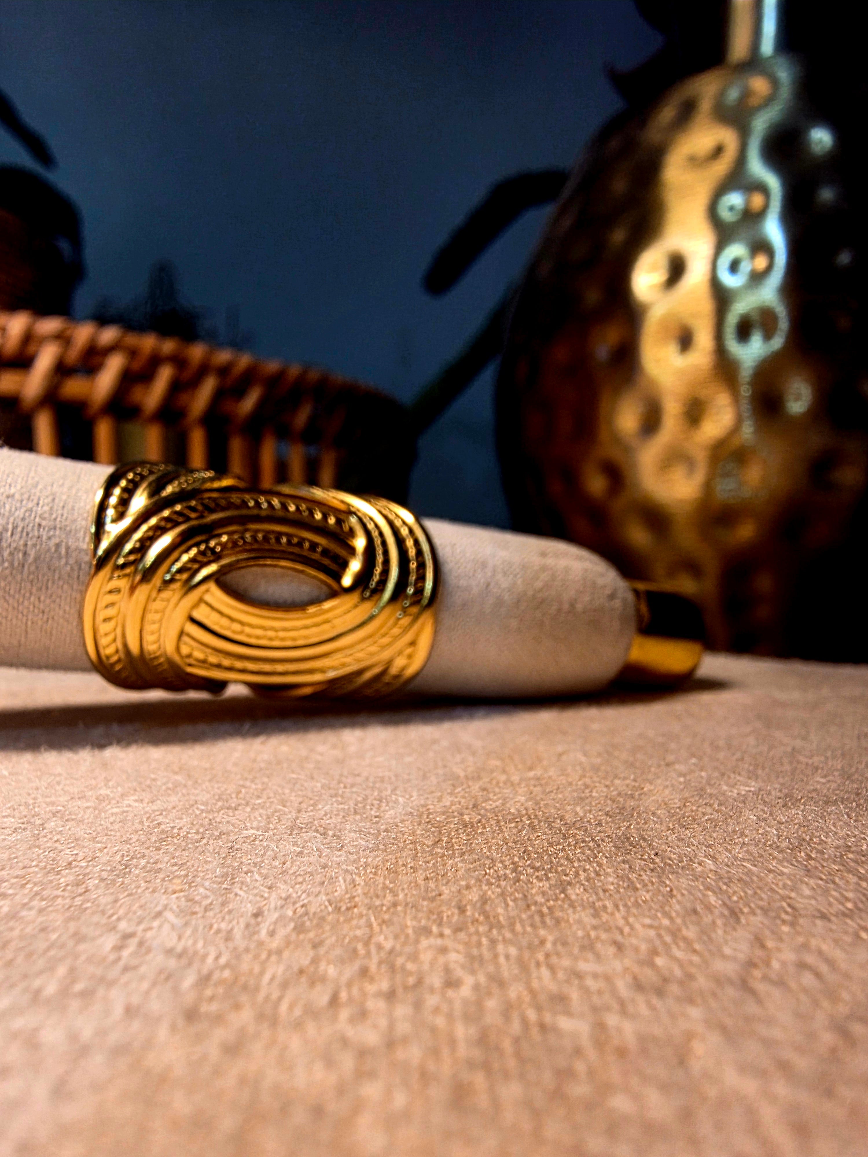 Bague Acier Inoxydable Dorée Multi-Rangs Spirale Torsadée Texturée Ajustable