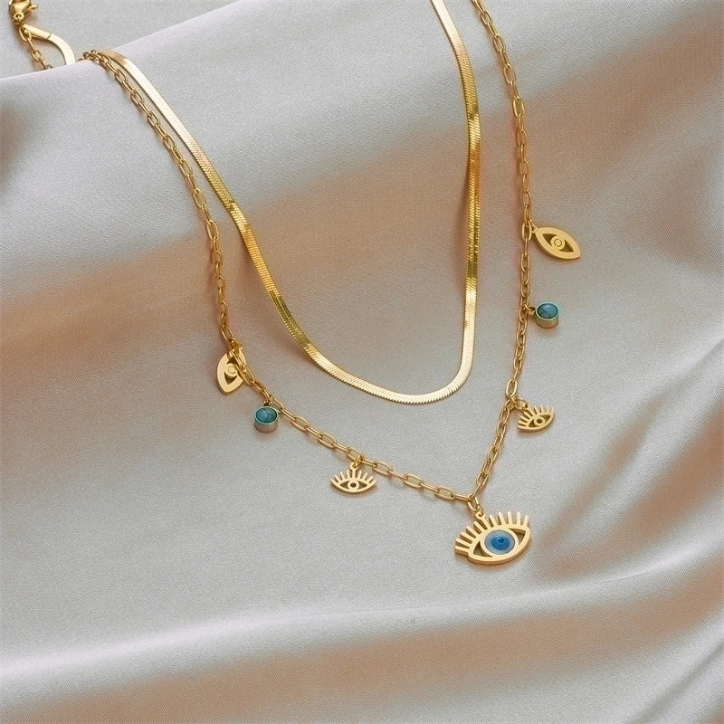Collier Acier Inoxydable Double Chaîne Pendentif Œil Bleu