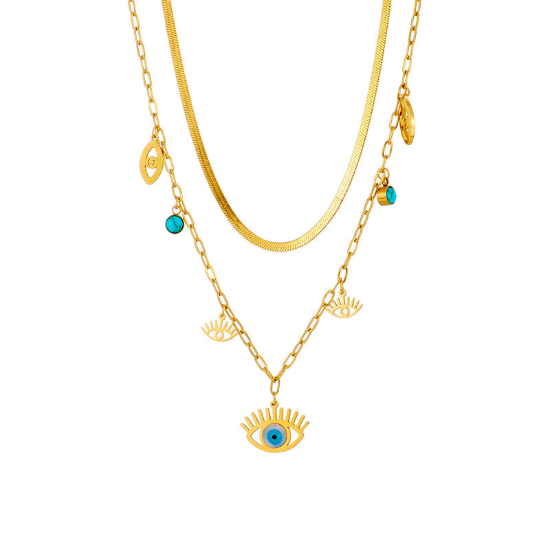 Collier Acier Inoxydable Double Chaîne Pendentif Œil Bleu