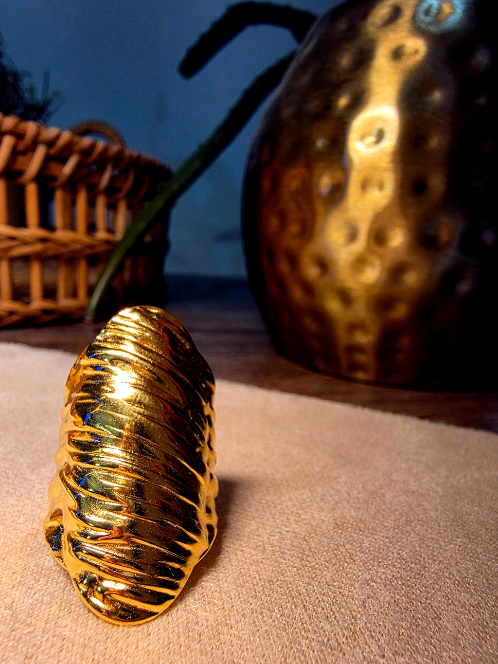 Bague Acier Inoxydable Dorée Dôme Cannelé Bombé Ajustable