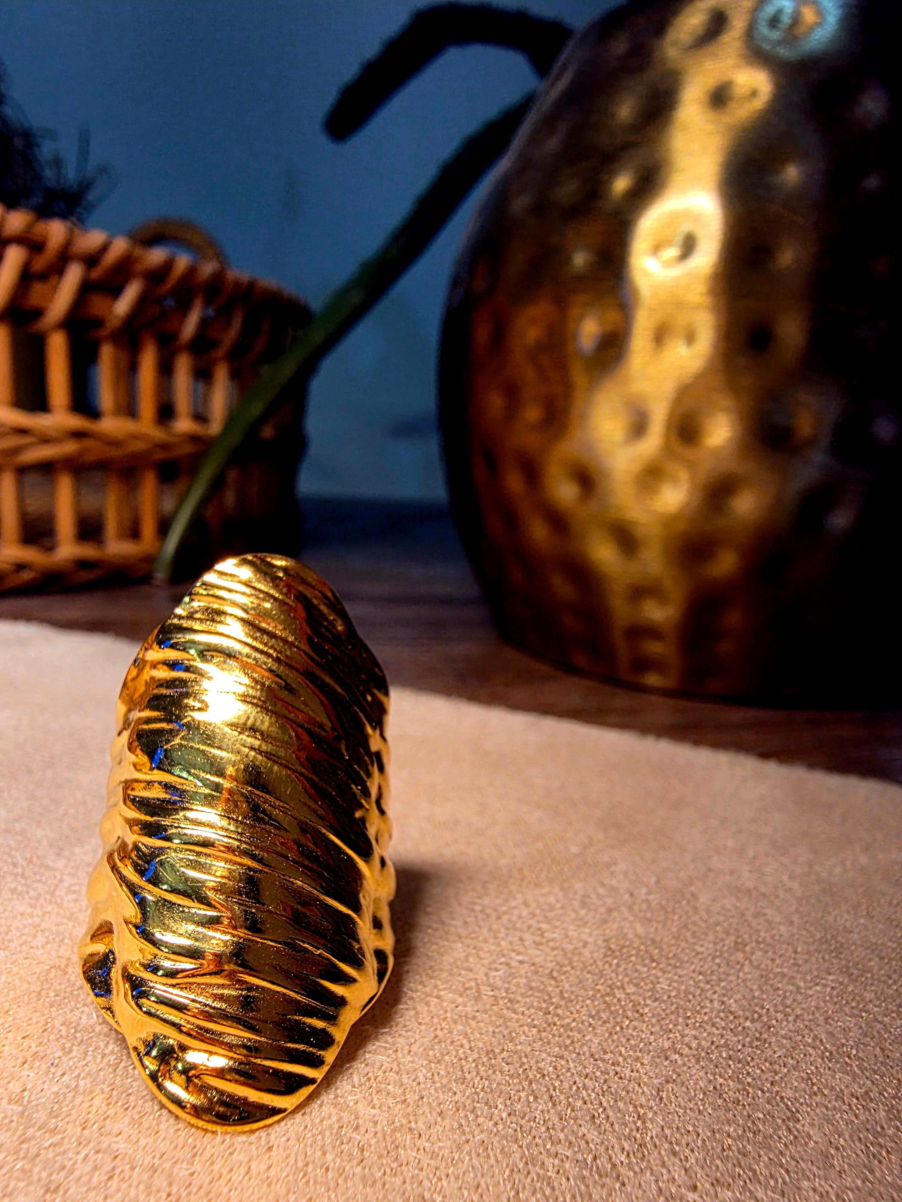 Bague Acier Inoxydable Dorée Dôme Cannelé Bombé Ajustable