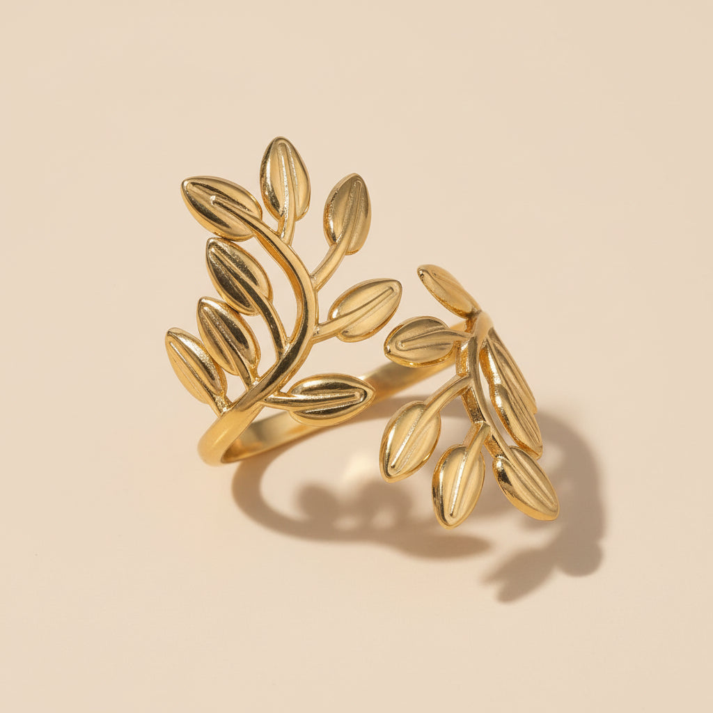 Bague Acier Inoxydable Dorée Large Feuilles Enroulées Ajustable