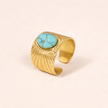 Bague Acier Inoxydable Dorée Large Pierre Turquoise Ovale Motif Rayons Ajustable