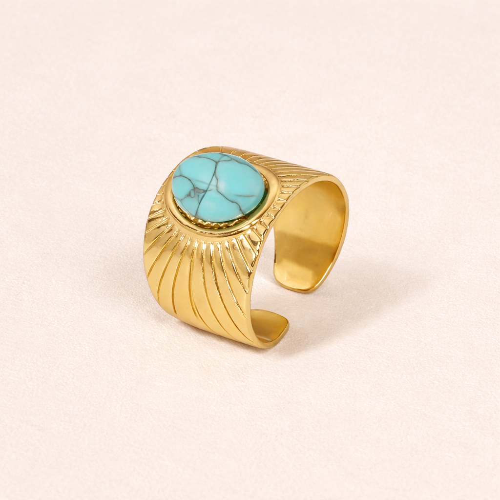 Bague Acier Inoxydable Dorée Large Pierre Turquoise Ovale Motif Rayons Ajustable