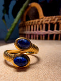 Bague Acier Inoxydable Dorée Spirale Double Pierres Bleues Lapis-Lazuli Ajustable