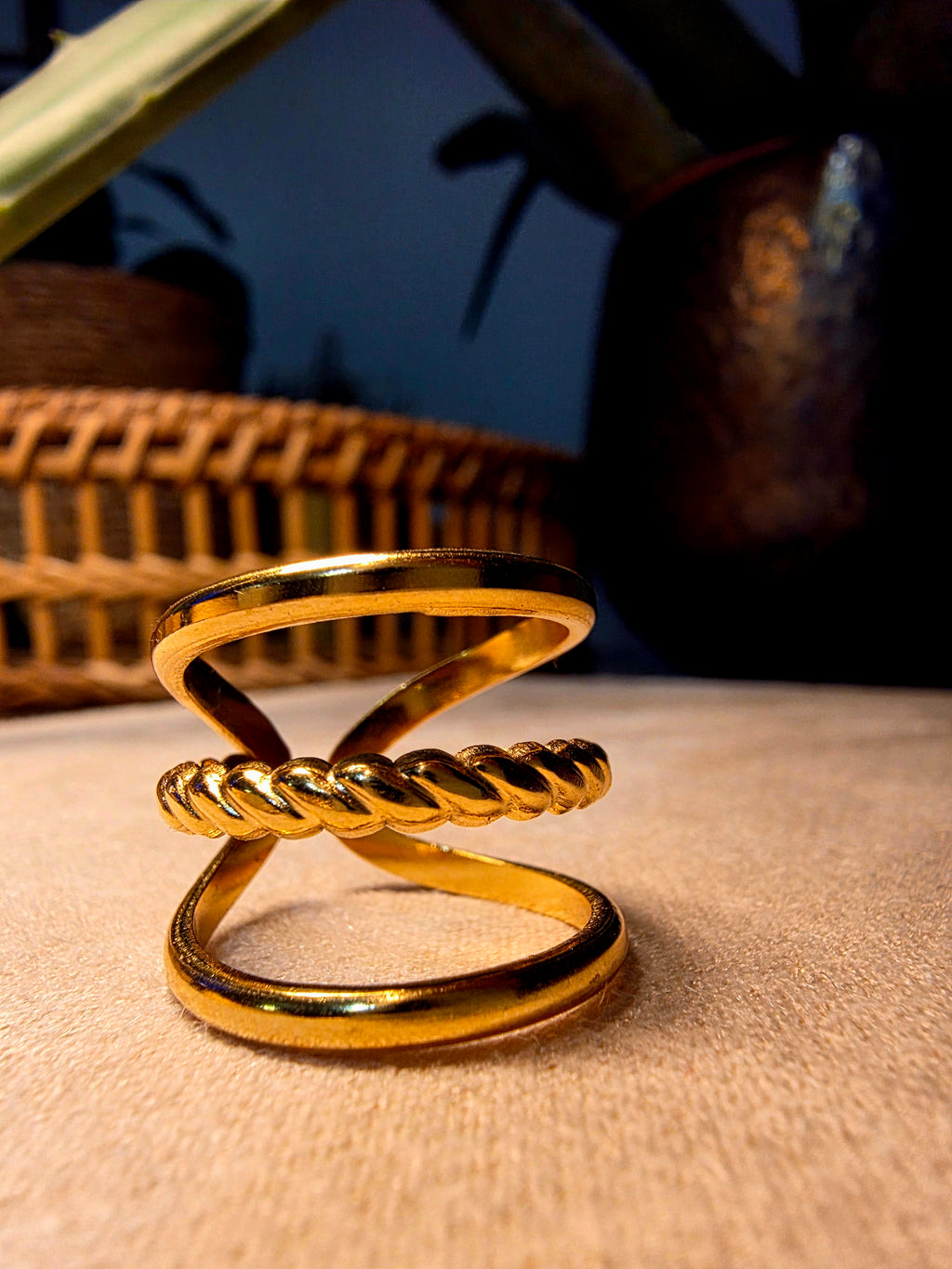 Bague Acier Inoxydable Dorée Double Rangs Spirale Torsadée Ajustable