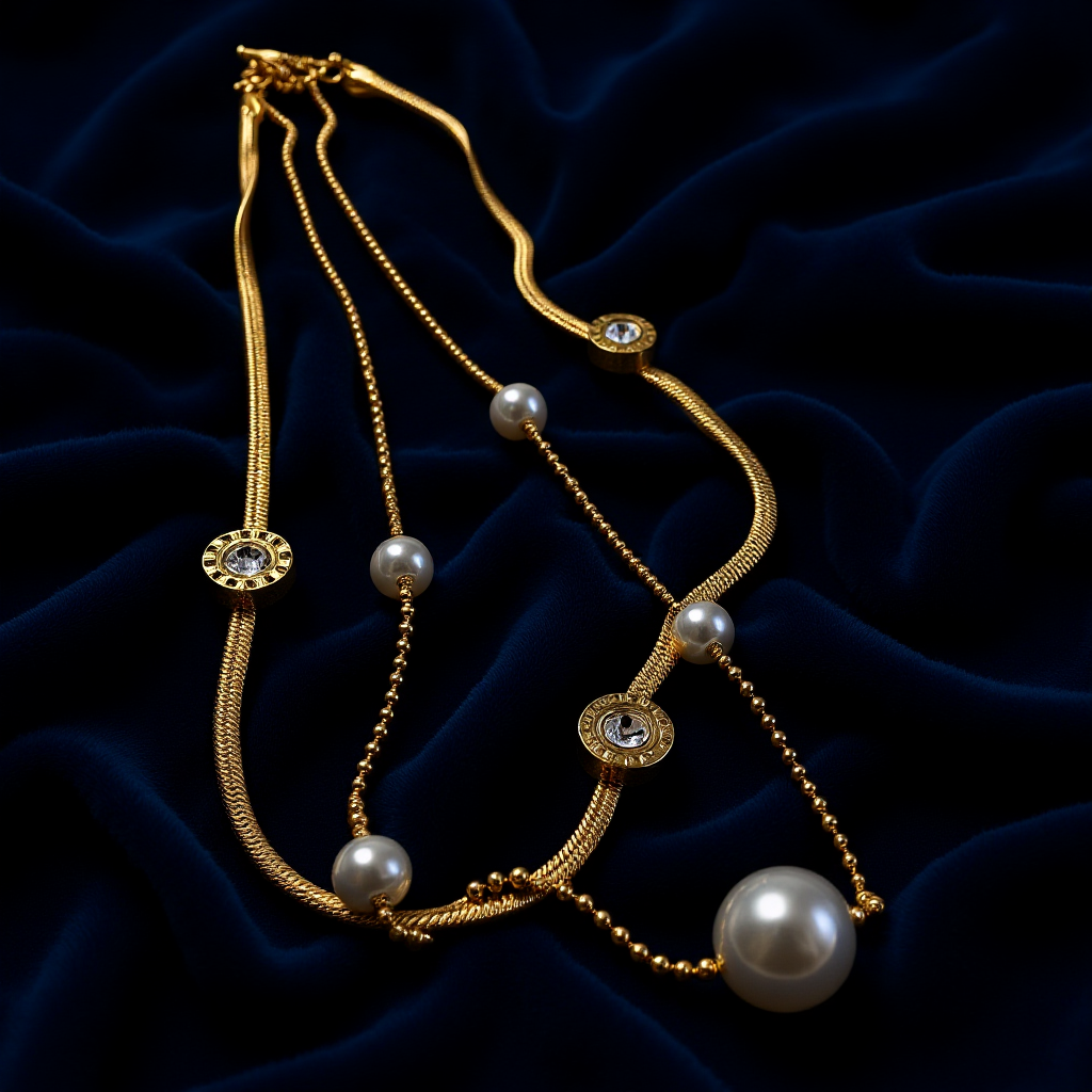 Collier Acier Inoxydable Multi-Chaînes Perles Nacrées Médaillons