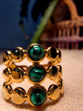 Bague Acier Inoxydable Dorée Triple Rangs 3 Pierres Malachite Vertes Ajustable