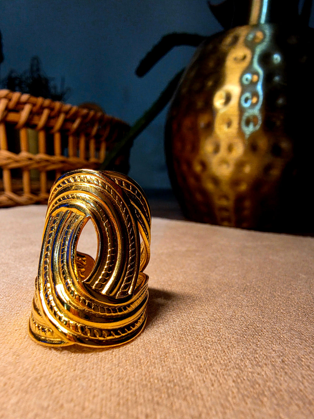 Bague Acier Inoxydable Dorée Multi-Rangs Spirale Torsadée Texturée Ajustable