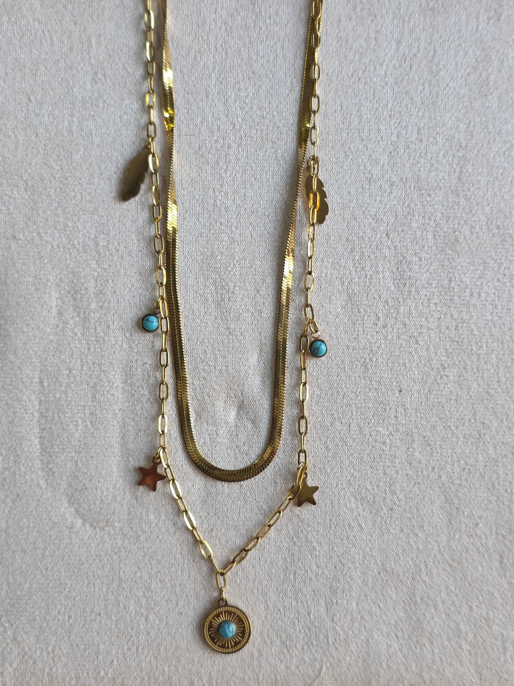 Collier Acier Inoxydable Double Chaîne Pendentif Médaillon Bleu