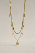 Collier Acier Inoxydable Double Chaîne Pendentif Médaillon Bleu