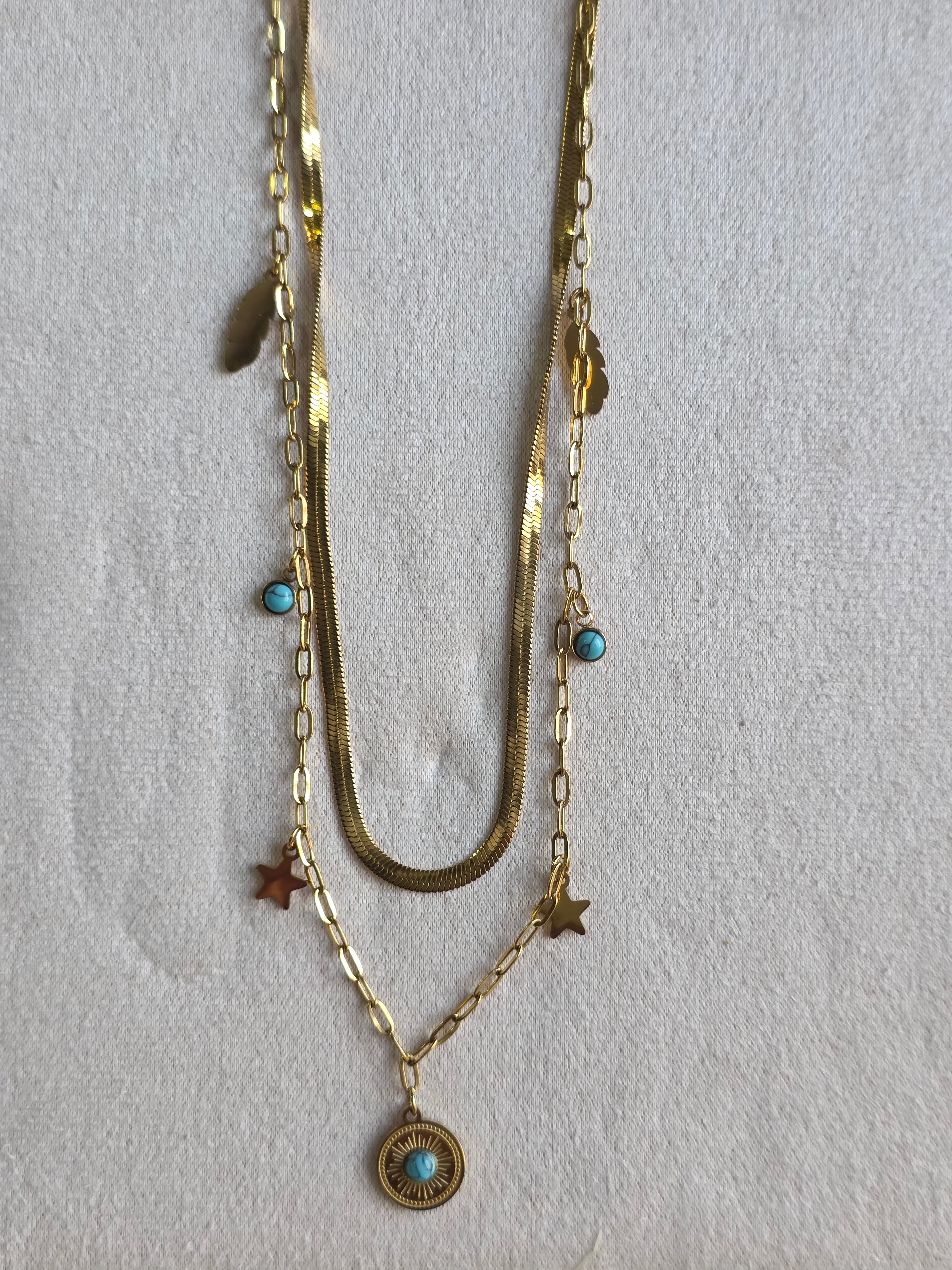 Collier Acier Inoxydable Double Chaîne Pendentif Médaillon Bleu