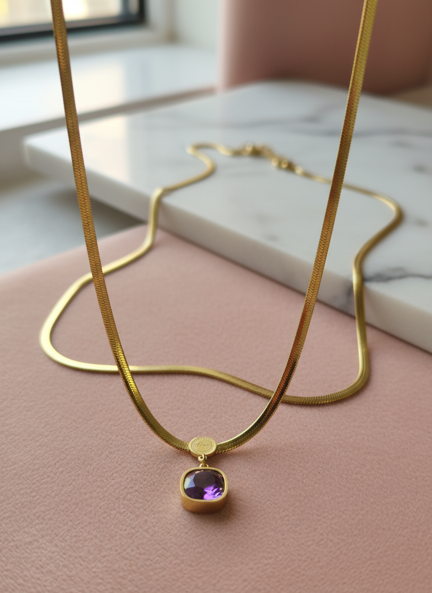 Collier Acier Inoxydable Chaîne Serpent Pendentif Irisé Violet