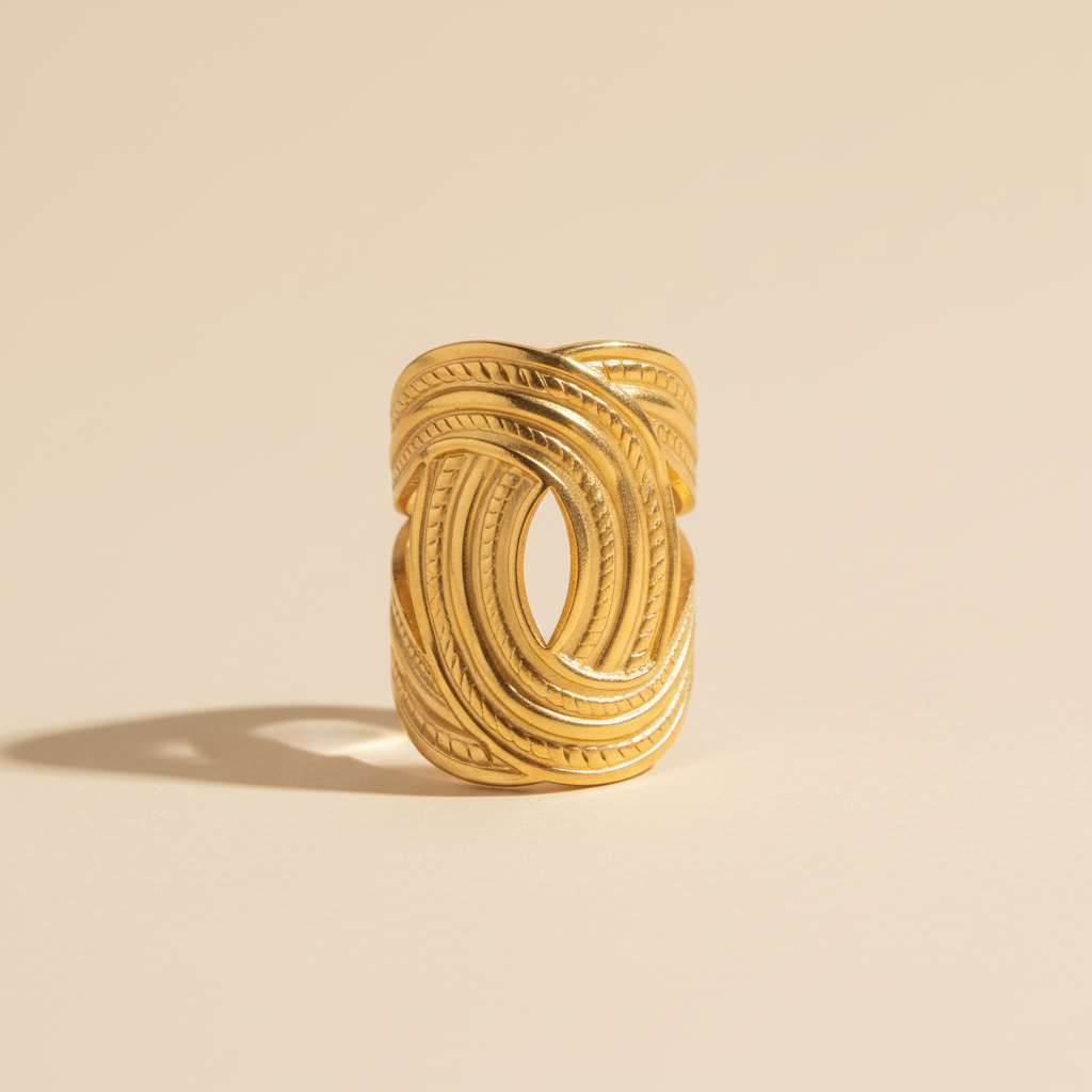 Bague Acier Inoxydable Dorée Multi-Rangs Spirale Torsadée Texturée Ajustable