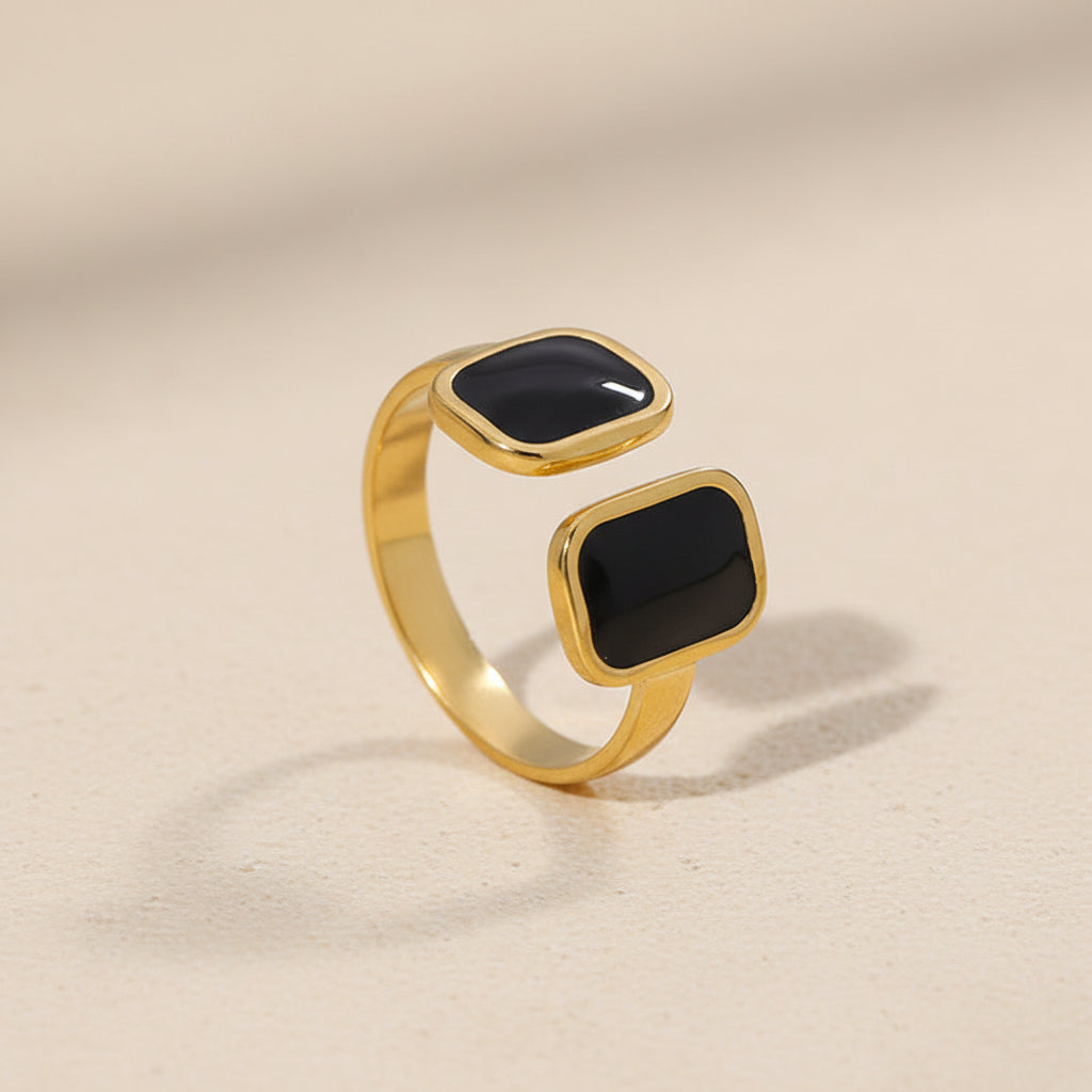 Bague Acier Inoxydable Dorée Double Pierres Noires Onyx Rectangulaires Ajustable
