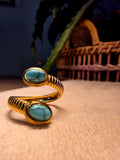 Bague Acier Inoxydable Dorée Spirale Double Pierres Turquoise Ajustable