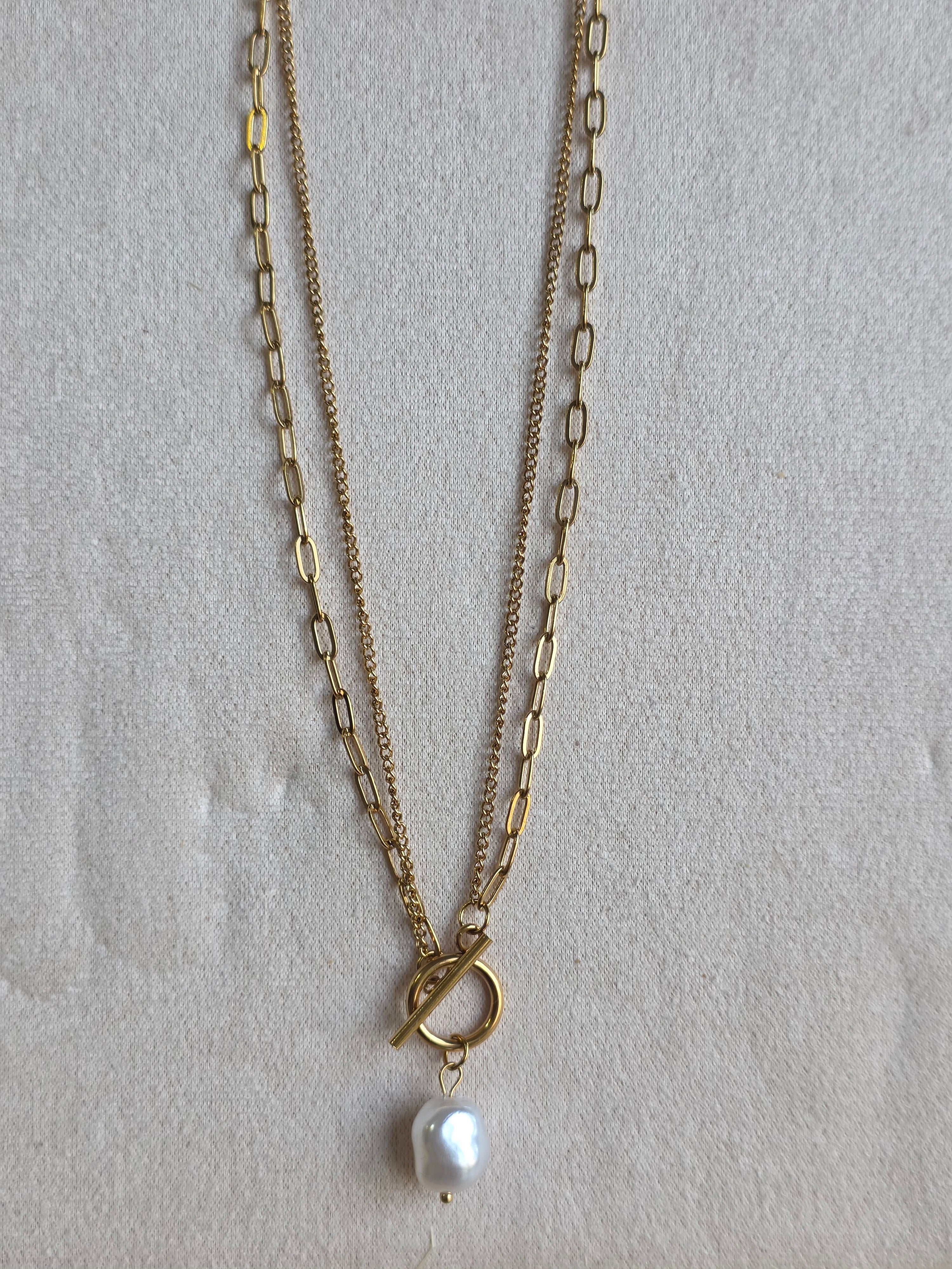 Collier Acier Inoxydable Chaîne Fermoir Toggle Perle Nacrée