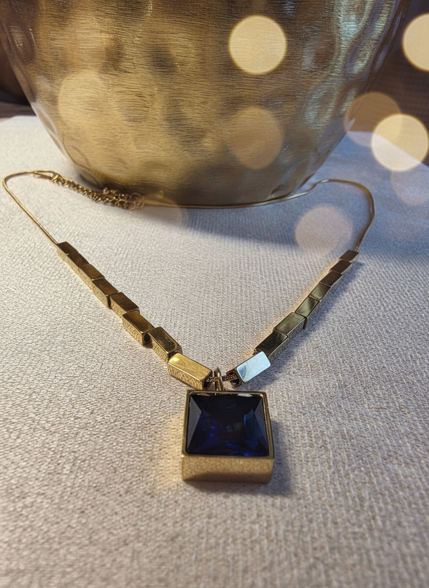 Collier Acier Inoxydable Chaîne Rectangles Pendentif Carré Bleu