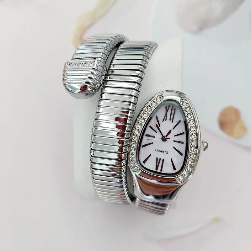 Montre-Bracelet Acier Inoxydable Argentée Serpent Flexible Cadran Ovale Strass