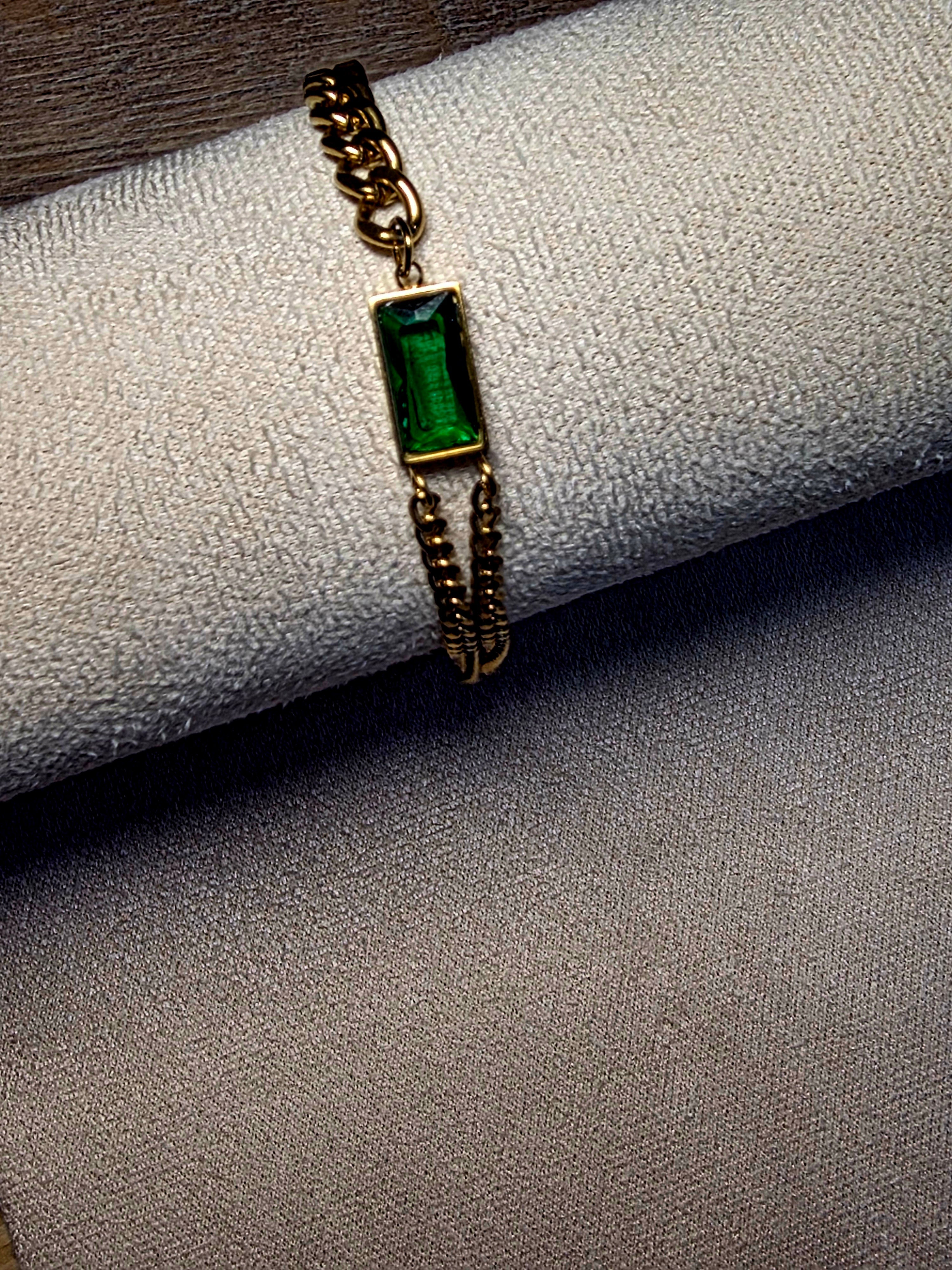 Bracelet Acier Inoxydable Chaîne Gourmette Pierre Verte Émeraude