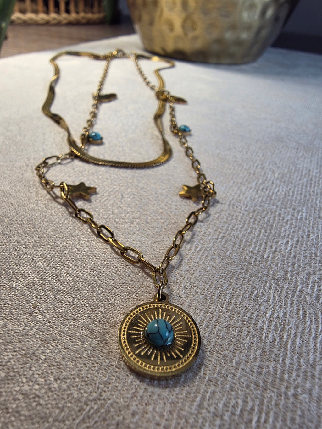 Collier Acier Inoxydable Double Chaîne Pendentif Médaillon Bleu