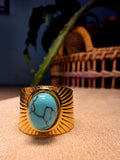Bague Acier Inoxydable Dorée Large Pierre Turquoise Ovale Motif Rayons Ajustable