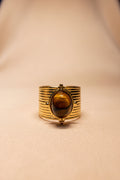 Bague Manchette Acier Inoxydable Dorée Large Pierre Œil de Tigre Ajustable