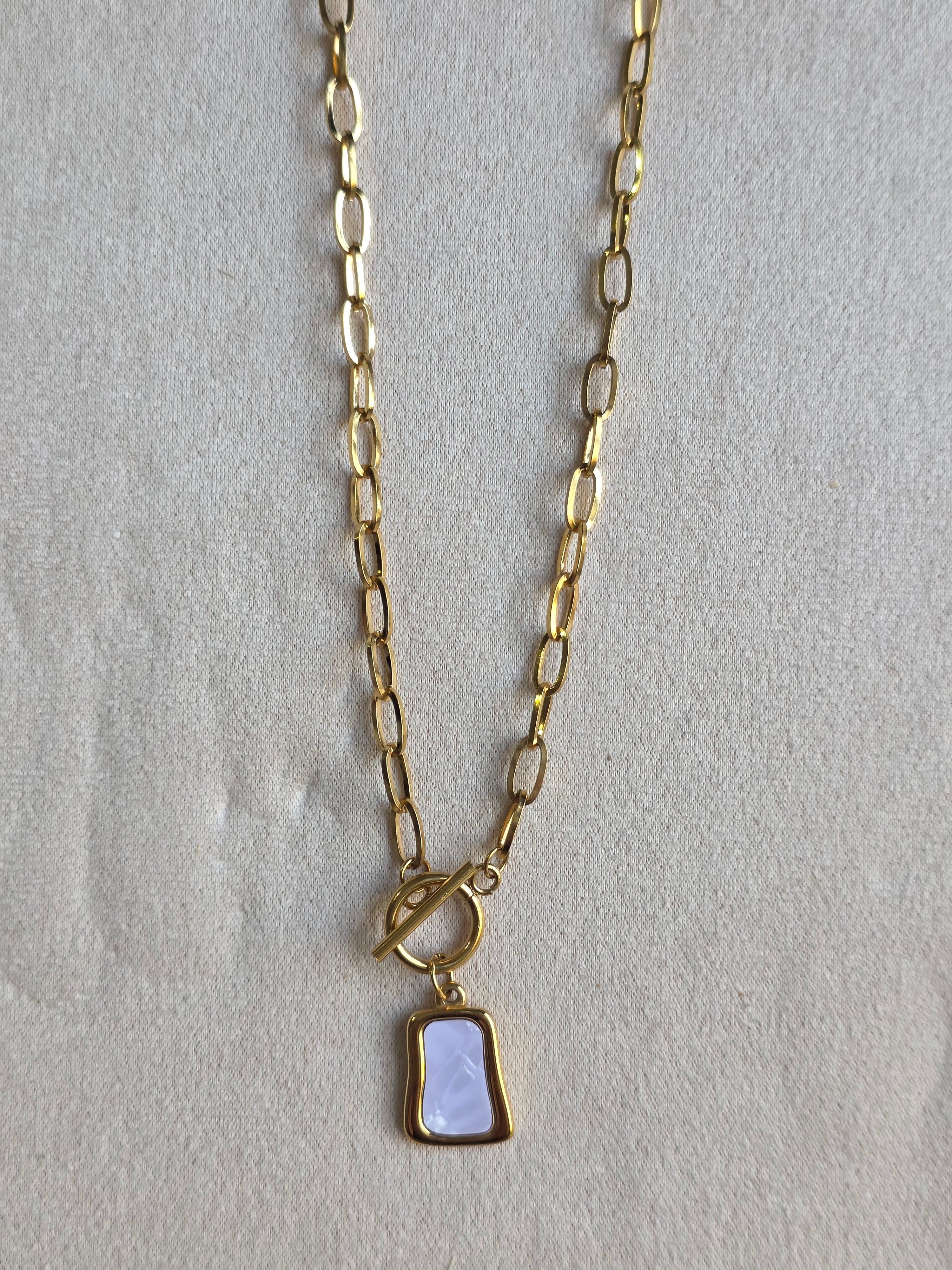 Collier Acier Inoxydable Chaîne Maillons Pendentif Nacré Blanc