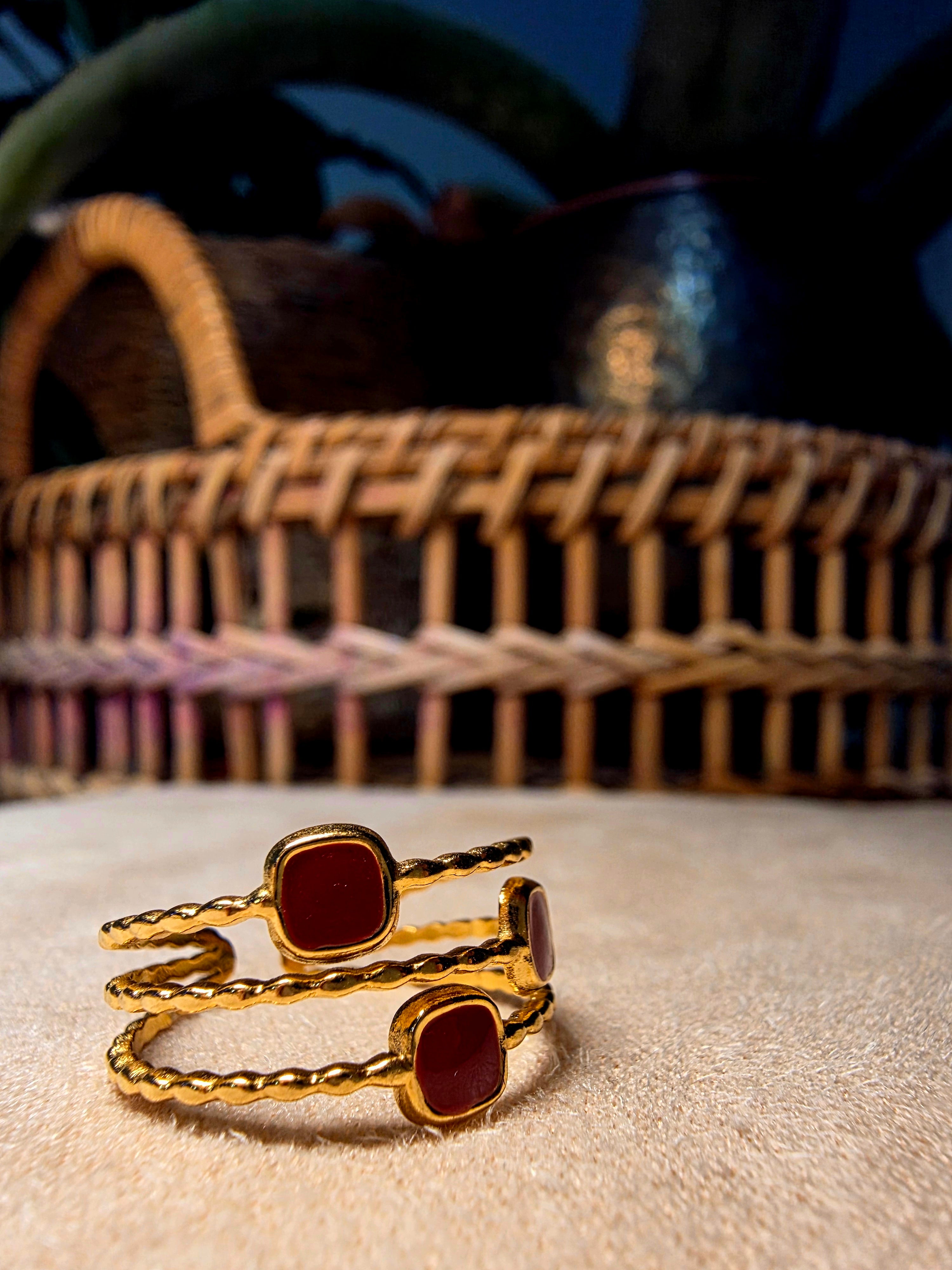 Bague Acier Inoxydable Dorée Large Cannelée Plissée Ajustable