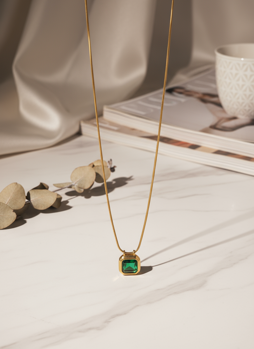 Collier Acier Inoxydable Pendentif Carré Émeraude Doré