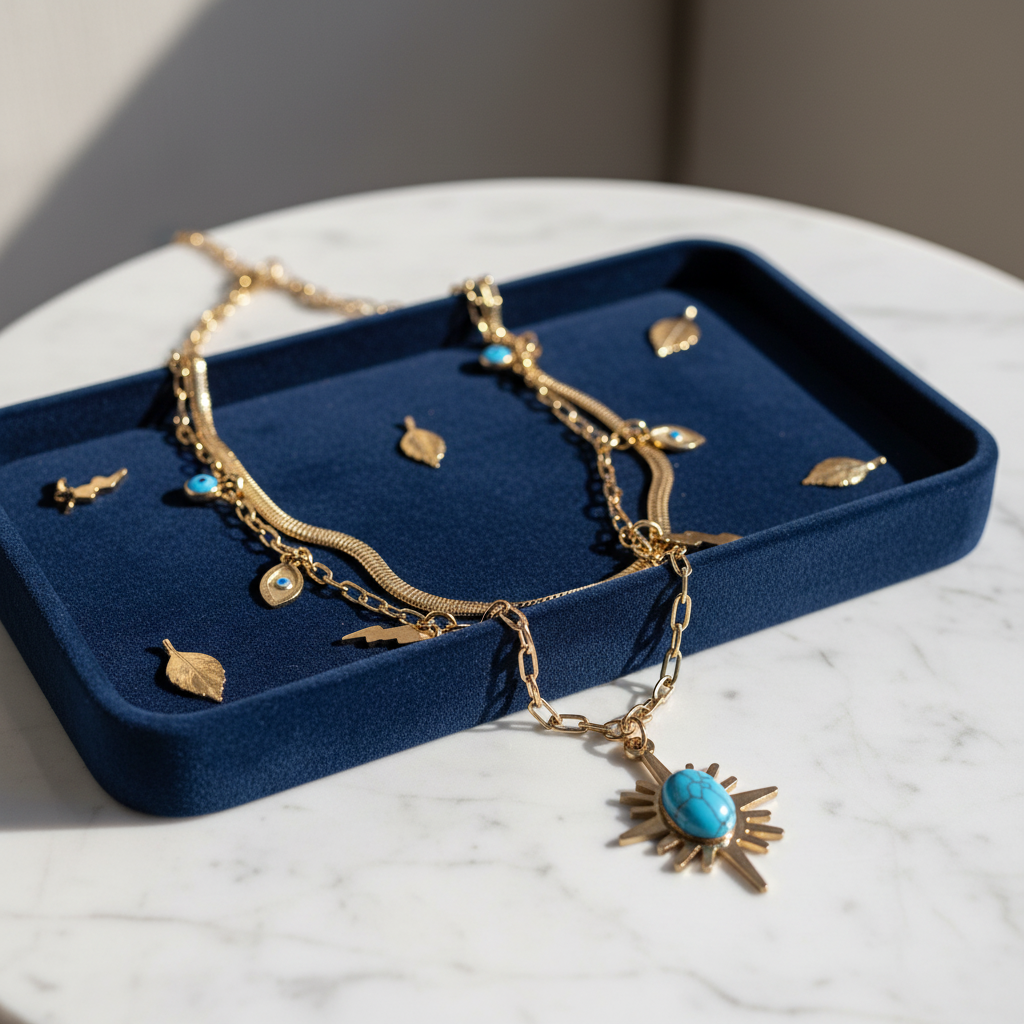 Collier Acier Inoxydable Double Chaîne Pendentif Soleil Bleu