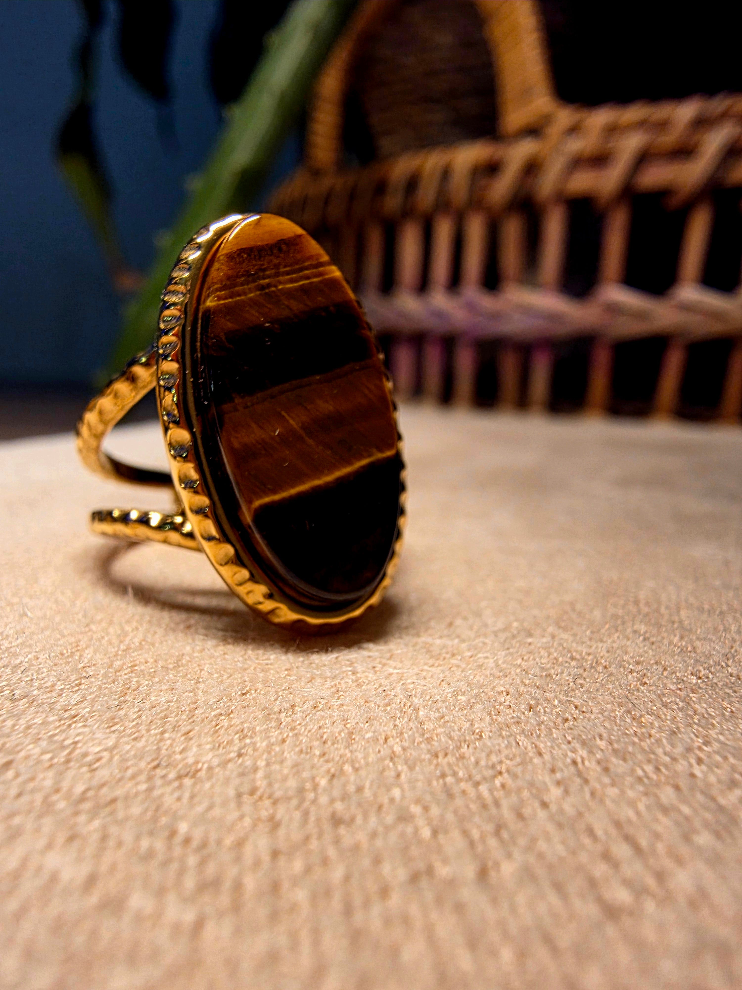 Bague Acier Inoxydable Dorée Pierre Œil de Tigre Ovale
