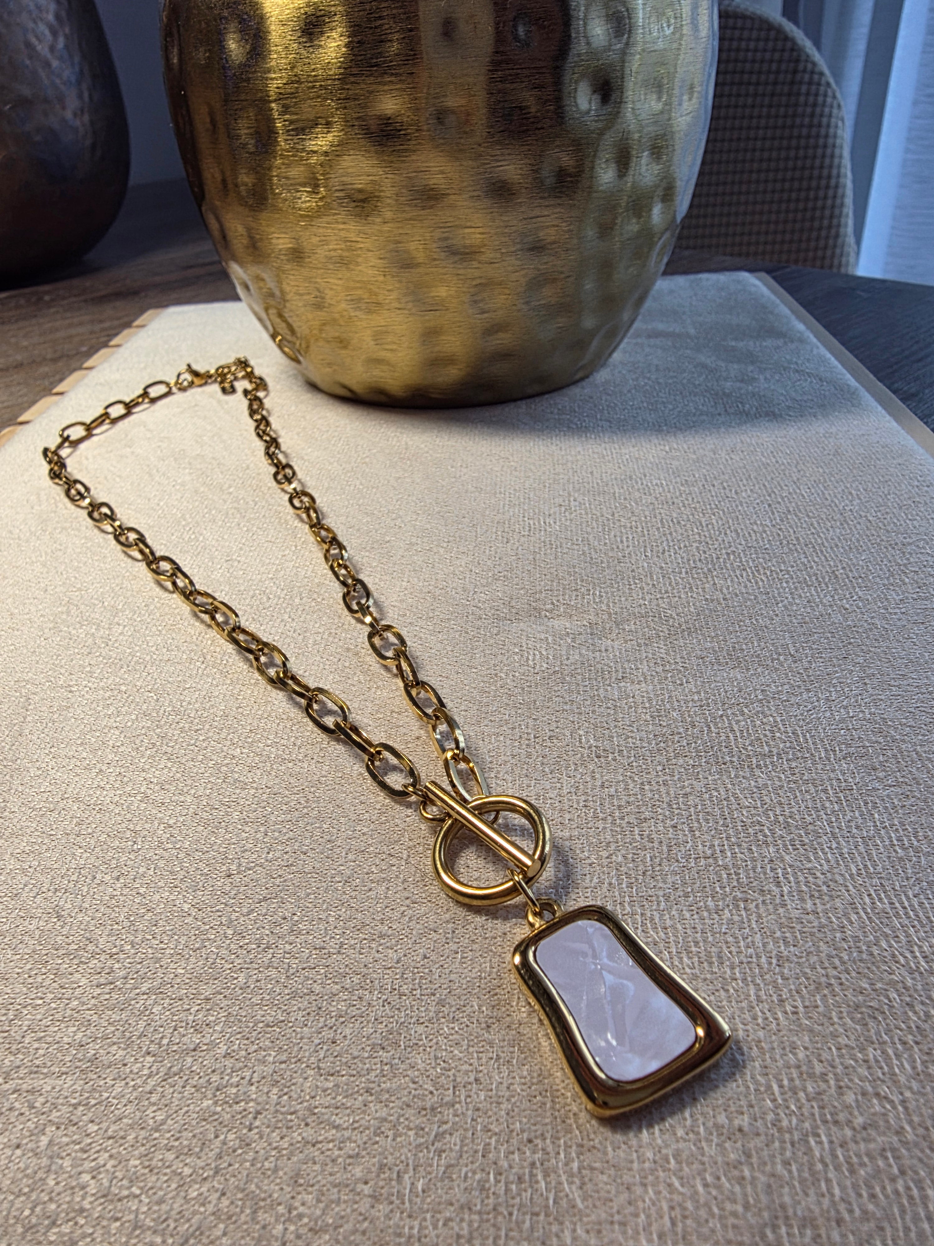 Collier Acier Inoxydable Chaîne Maillons Pendentif Nacré Blanc