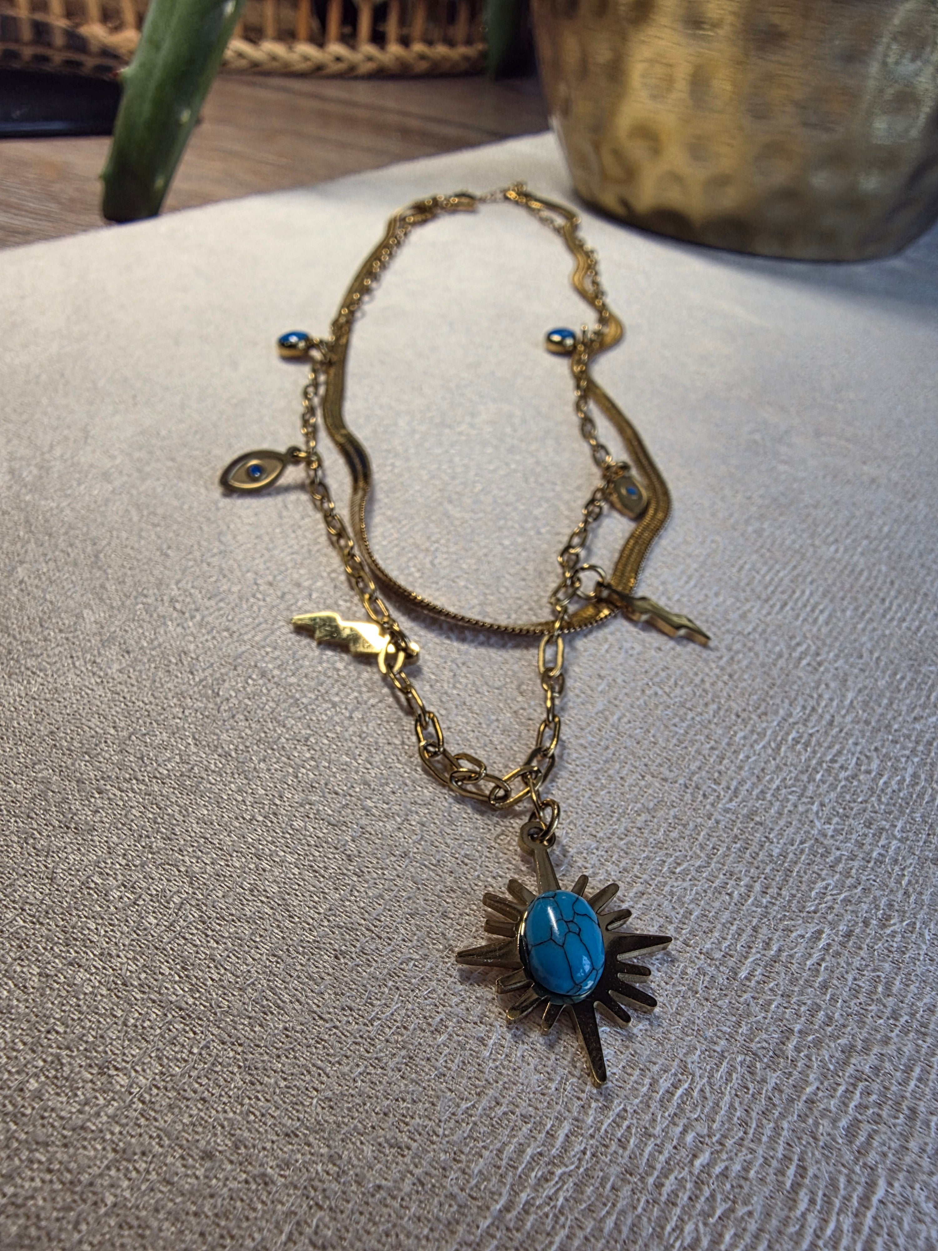 Collier Acier Inoxydable Double Chaîne Pendentif Soleil Bleu