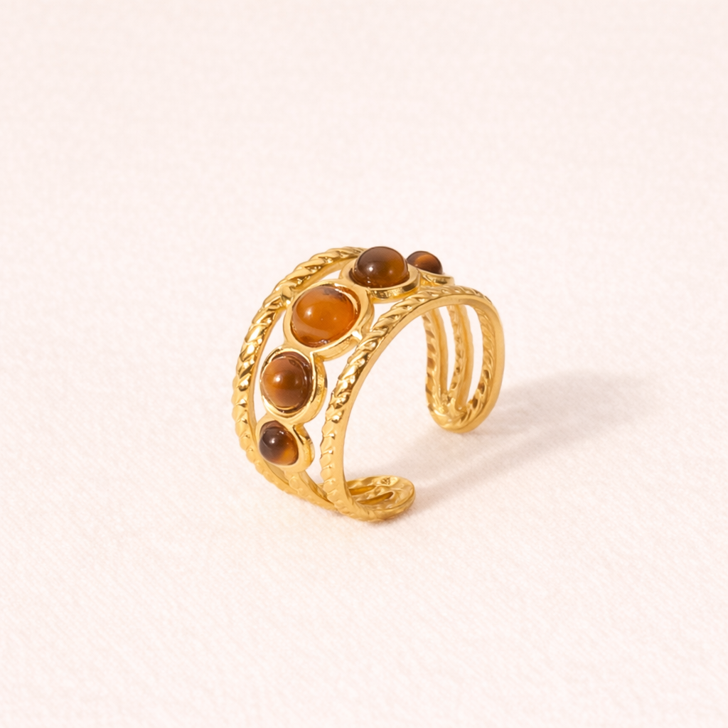 Bague Acier Inoxydable Dorée Triple Rangs 5 Pierres Œil de Tigre Rondes Ajustable