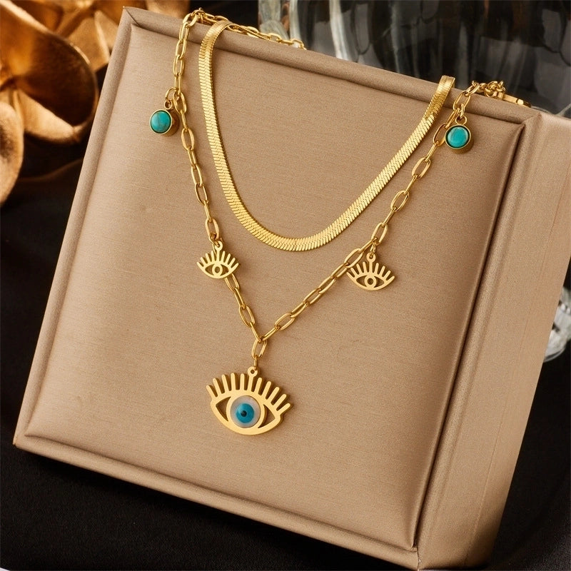 Collier Acier Inoxydable Double Chaîne Pendentif Œil Bleu